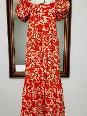 Cotton Maxi Dress Flutter Sleeve Orange Floral